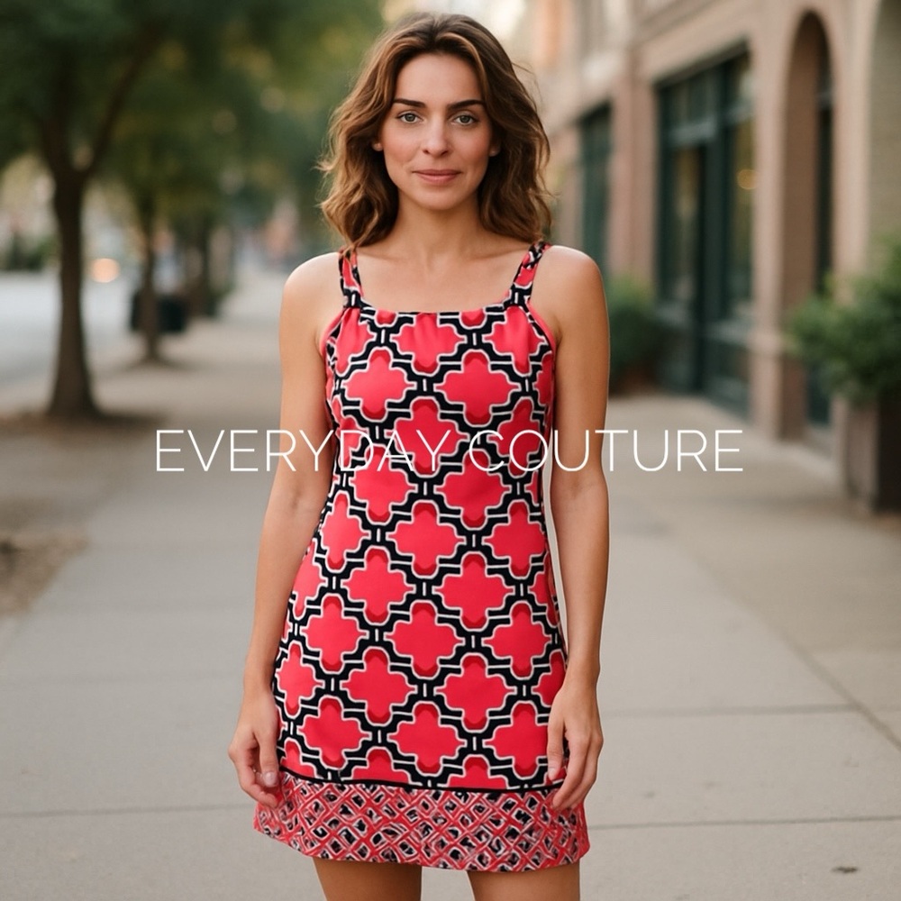 CROWN & IVY Shift Dress Geometric Print Blue Pink Sleeveless Tie Back Sz Small